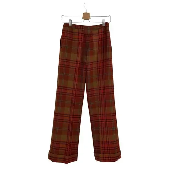 Valentino Plaid Wool Pants Red Brown Straight Leg Cuffed Trouser Womens 4 - Picture 8 of 15